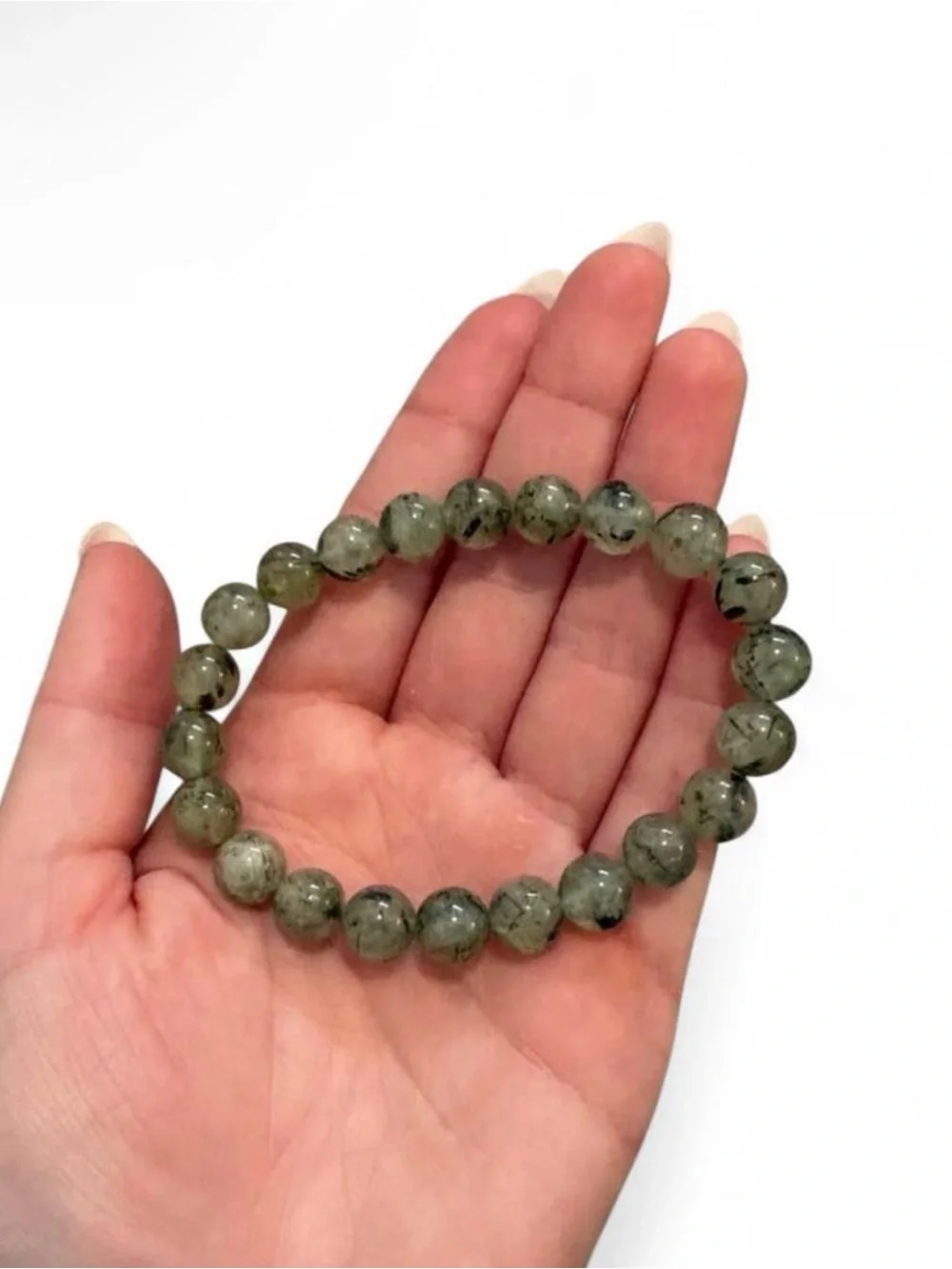 Prehnite Beaded Stretch Bracelet - Gray Green